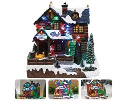Cheqo® Kersthuisje Polyresin - Kersthuis - Kerstdecoratie Huisje - Kersttafereel - Kerstdorp Huis - Verlicht en Muziek -Draaiende Rendieren