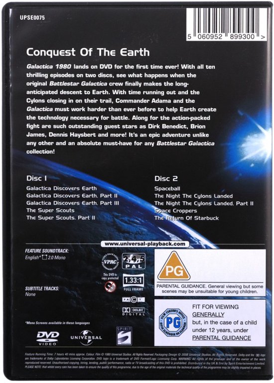 Achterkant DVD hoes Conquest of the Earth met beschrijving, titels van discs 1 en 2 en rating.