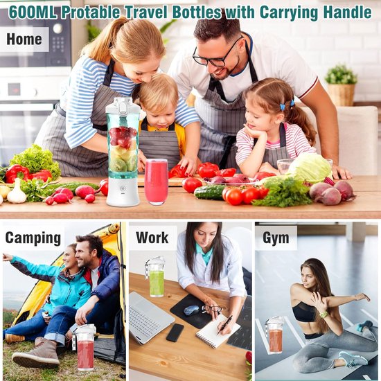 Draagbare mixer 600 ml smoothie maker to go, draagbare sapcentrifuge met 6 messen en USB-oplaadbaar, voor sportschool, kantoor en reizen (wit) — afbeelding 3