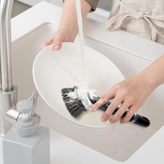 afwasborstel, 3 stuks afwasborstel met afwasmiddeldispenser, keukenborstel voor pot, pan, spoelreiniging, multifunctionele serviesborstel met 3 opzetborstels, afwasborstels met steel — afbeelding 5