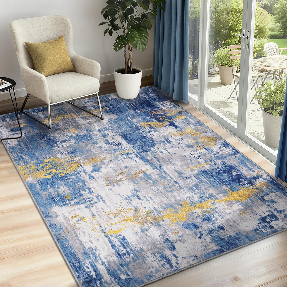 Machinewasbare Tapijten 90x150 cm Moderne Abstracte Vloerkleed Laagpolig Antislip Tapijt met Print Patroon voor Woonkamer Slaapkamer Huiskontoor Binnenhuis Blauw/Goud