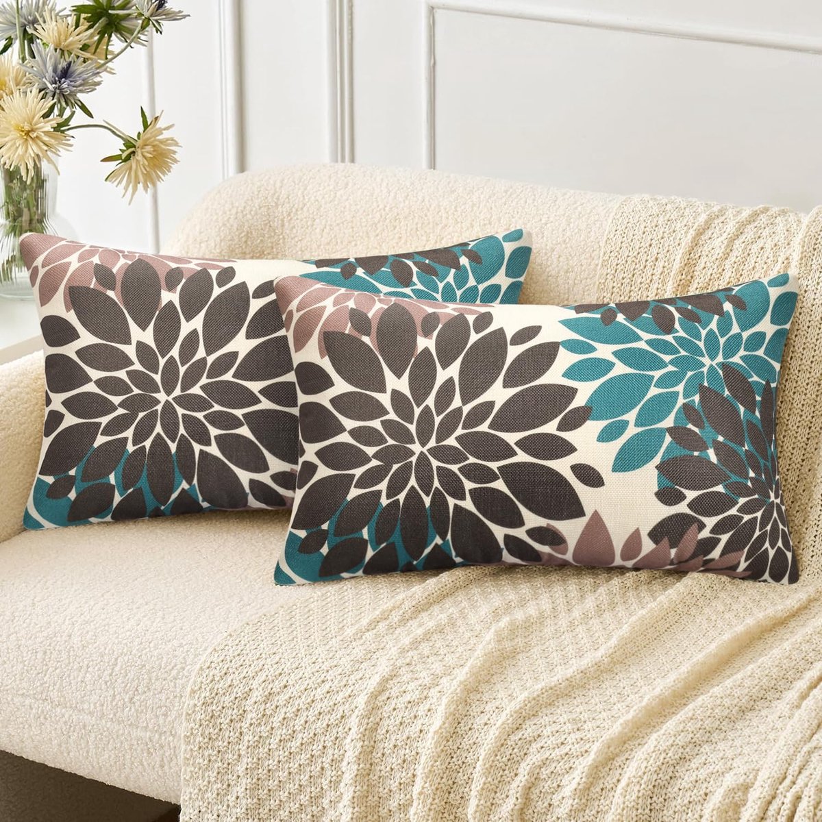 kussenslopen Modern kussenhoezen Linnen kussenovertrek 30x50cm Sofakussen Bruin en Blauwgroen Dahlia Bloemen Bankkussen Deko voor bank, slaapkamer, woonkamer, balkon 2-delig set