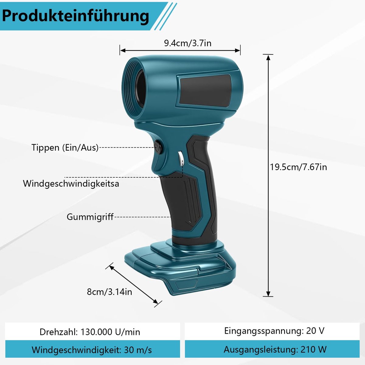 compatibel met Makita 18 V accu's, mini-bladblazer met 5 sproeiers, 30 m/s luchtsnelheid, 130.000 omw/min borstelloze motor, draagbare bladblazer voor het verwijderen van bladeren, stof en – foto 3