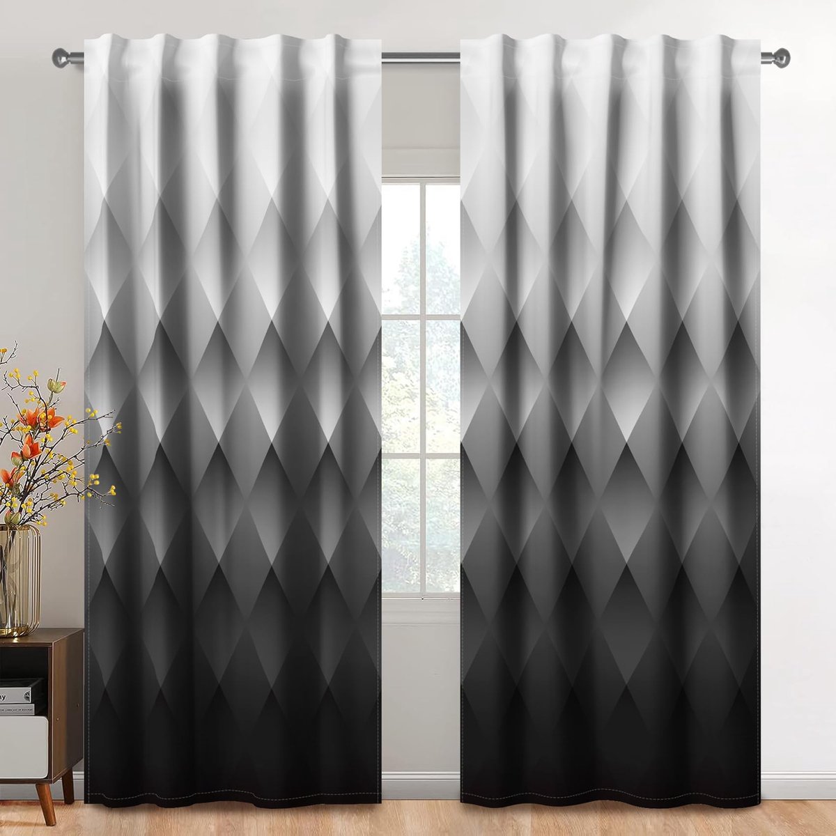 Gordijnen met stangzak, 107 x 160 cm, 2 panelen, kleurverloop, grijs/zwart, ruitpatroon, lichtfilter, gordijn, elegante decoratie in donkere kleur, voor woonkamer en mannelijke slaapkamer