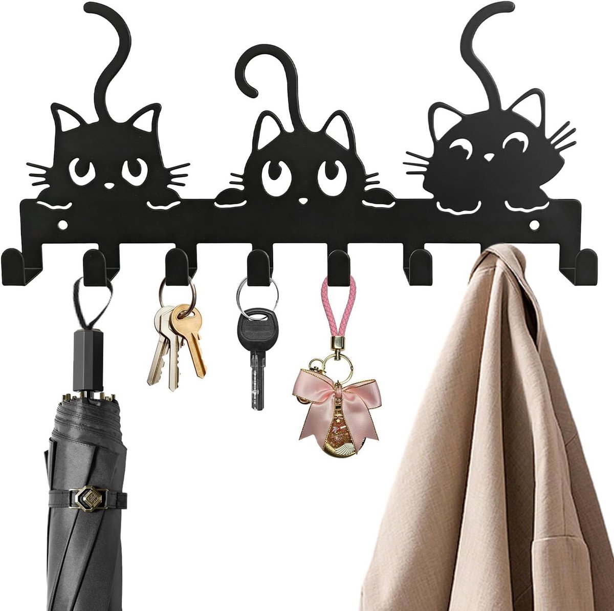 sleutelrek van metaal, haaklijst met kattenkunstpatroon, sleutelhouder, sleutelhaak, wandkapstok met 8 haken, voor ingang, hal, slaapkamer, keuken (zwart)