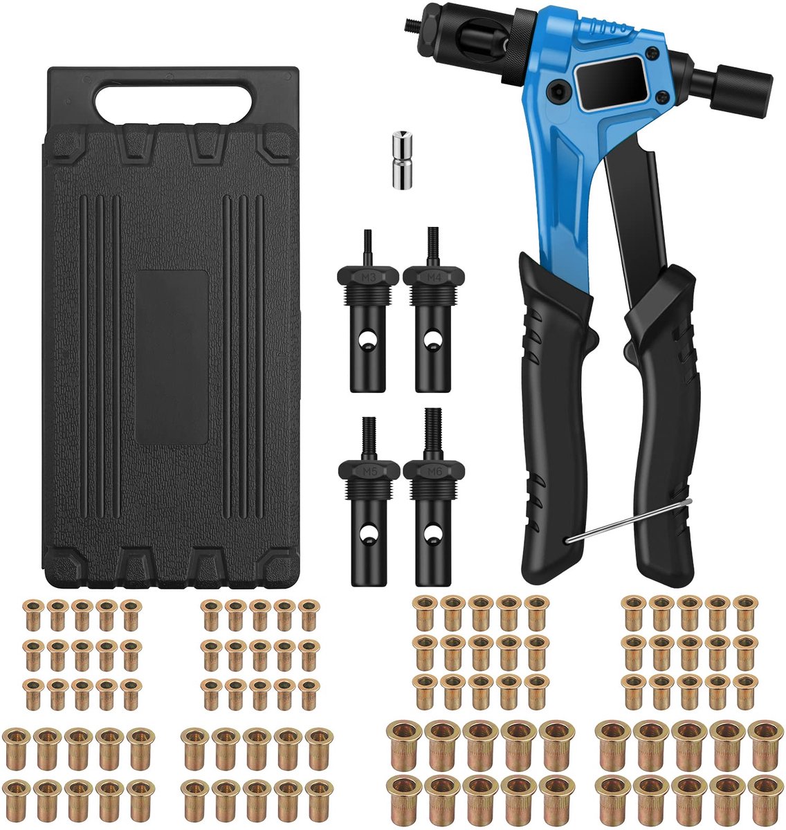 8" RIVET NUT GUN M3 M4 M5, M6, handklinknagelpistool Klinknagelpistool, Klinknagelgereedschap met 100 stuks moersetsysteem Blauw