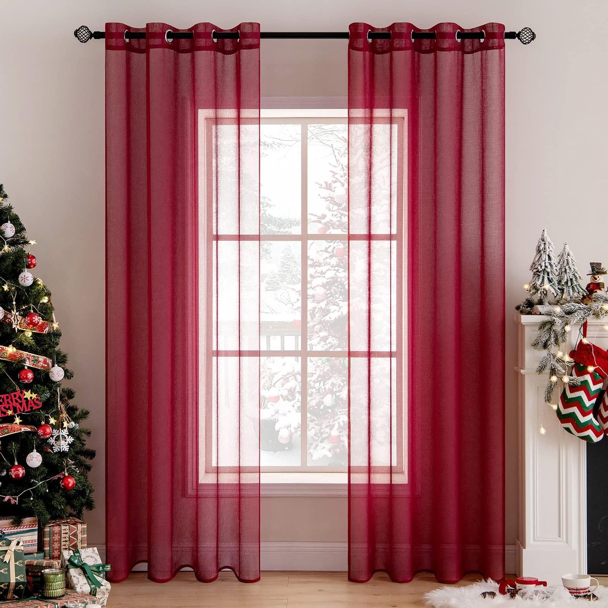 Gordijnen met 2 panelen, elegante voile raampanelen, gordijnen, raamaankleding voor slaapkamer, woonkamer met ringen bovenaan, 140 cm B x 244 cm L, rood