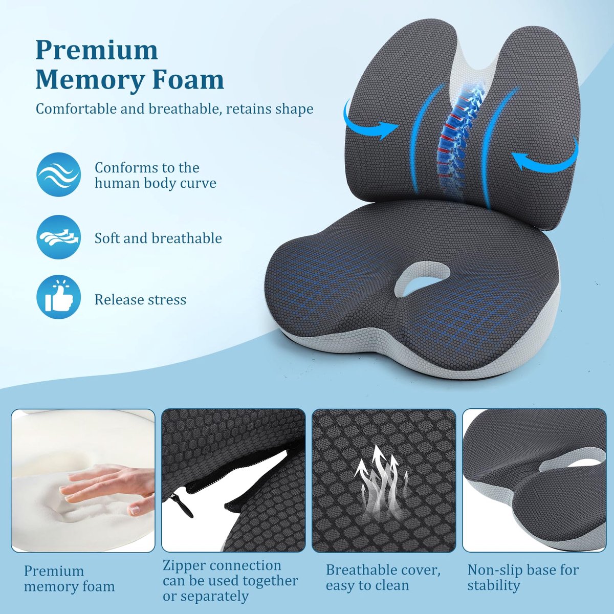 Zitkussen en lendenkussen, memory foam rugkussen, ergonomische rugsteun voor bureaustoel, autostoelkussen, gaming, stuitbeenkussen ontlast rug, heupen, grijs