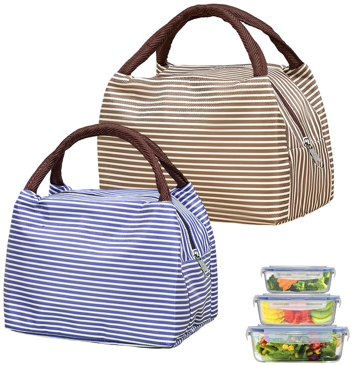 Dailygoods - 2 stuks lunchboxtas, opvouwbare geïsoleerde lunchtas, draagbare thermotas, klein, blauw en donkerbruin, koeltas, voor school, kantoor, picknick, reis