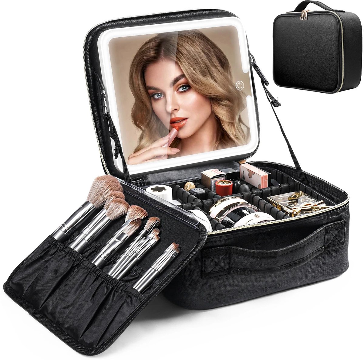 Dailygoods Reismake-uptas met LED-verlichte spiegel, make-uptreinkoffer met verstelbare verdelers voor thuis, cadeau, va