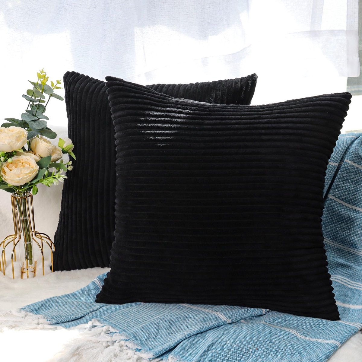 Kussenhoes 60x60 cm, Crème Corduroy Kussenslopen met Onzichtbare Rits voor Bank, Woonkamer en Slaapkamer 2 Stuks