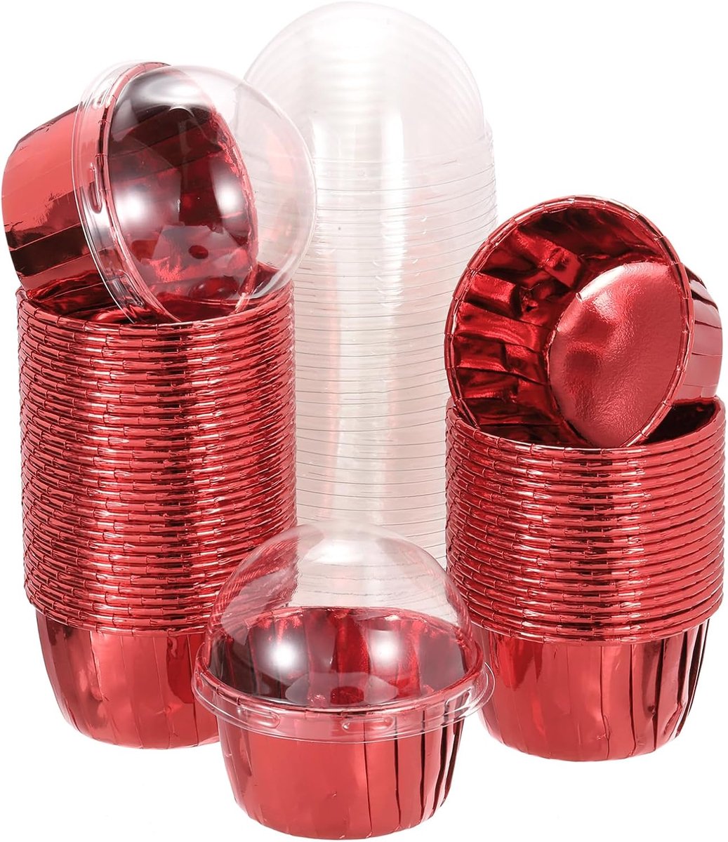 50 stuks dubbelzijdige aluminiumfolie, cupcake-vormpjes met deksels, vetbestendige muffins bakvormen voor bruiloft, verjaardagsfeest, decoratie, rood (rond)