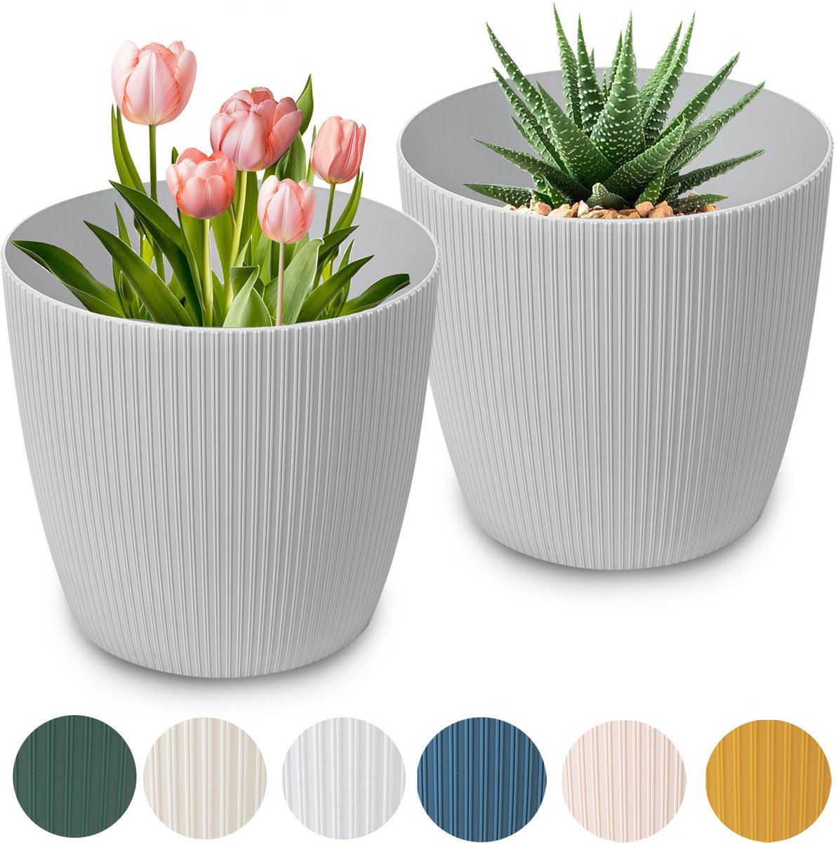 Plantenpot voor bloemen & kruiden - Duurzame & lichte ronde kunststof plantenpotten voor woonkamer & eetkamer, keuken, terras, balkon - Set van 2 - (Grijs, ø 16