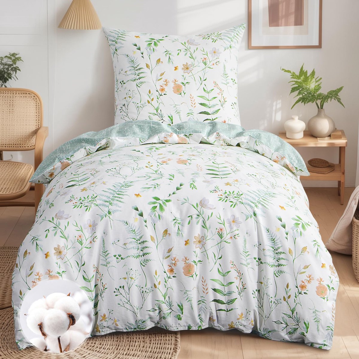 Bedlinnen Set - Dekbedovertrek Kussensloop - Comfortabel Slapen - Omkeerbaar Bloemendessin - 155 x 220 cm - Groen