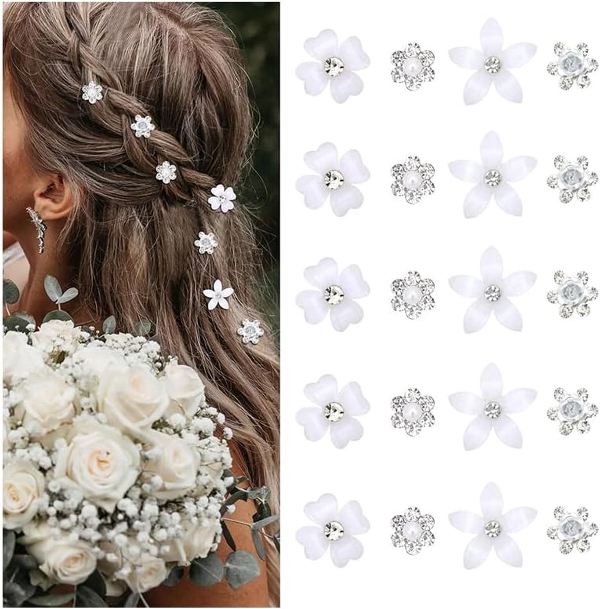 20 stuks witte kleine bloemen-haarspelden, mini-zoete strass-metalen haarspelden voor vrouwen, bruidshaarspelden voor meisjes, bruiloft, haarsieraad (4 bloemmotieven)