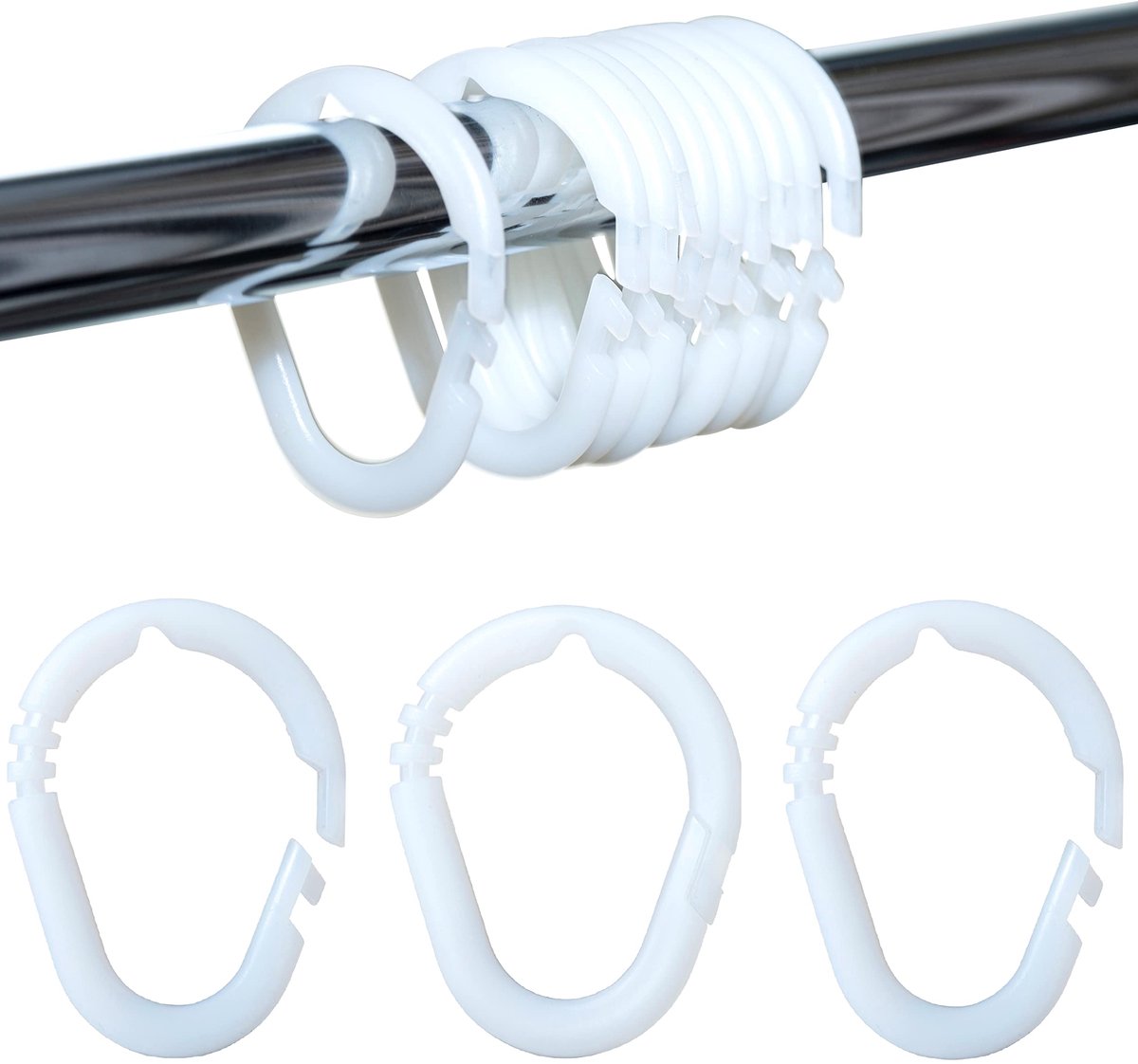 Douchegordijnringen met ophanghaken – 24 stuks – Made in Italy – Super duurzame en verschuifbare haken voor badkamerrail – Kleur wit – Binnenbreedte 45 x 35 mm