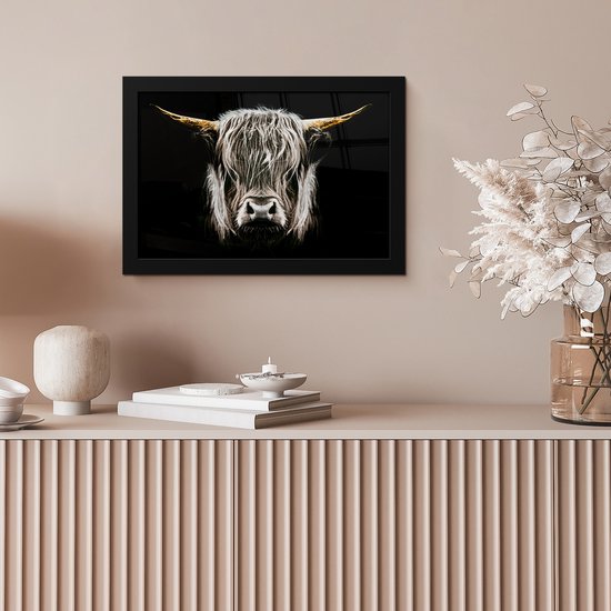 Cadre photo avec affiche Zwart Wit- Scottish Highlander - Or - Cornes - Zwart Blanc - Vache - Animaux - 30x20 cm - Cadre pour affiche