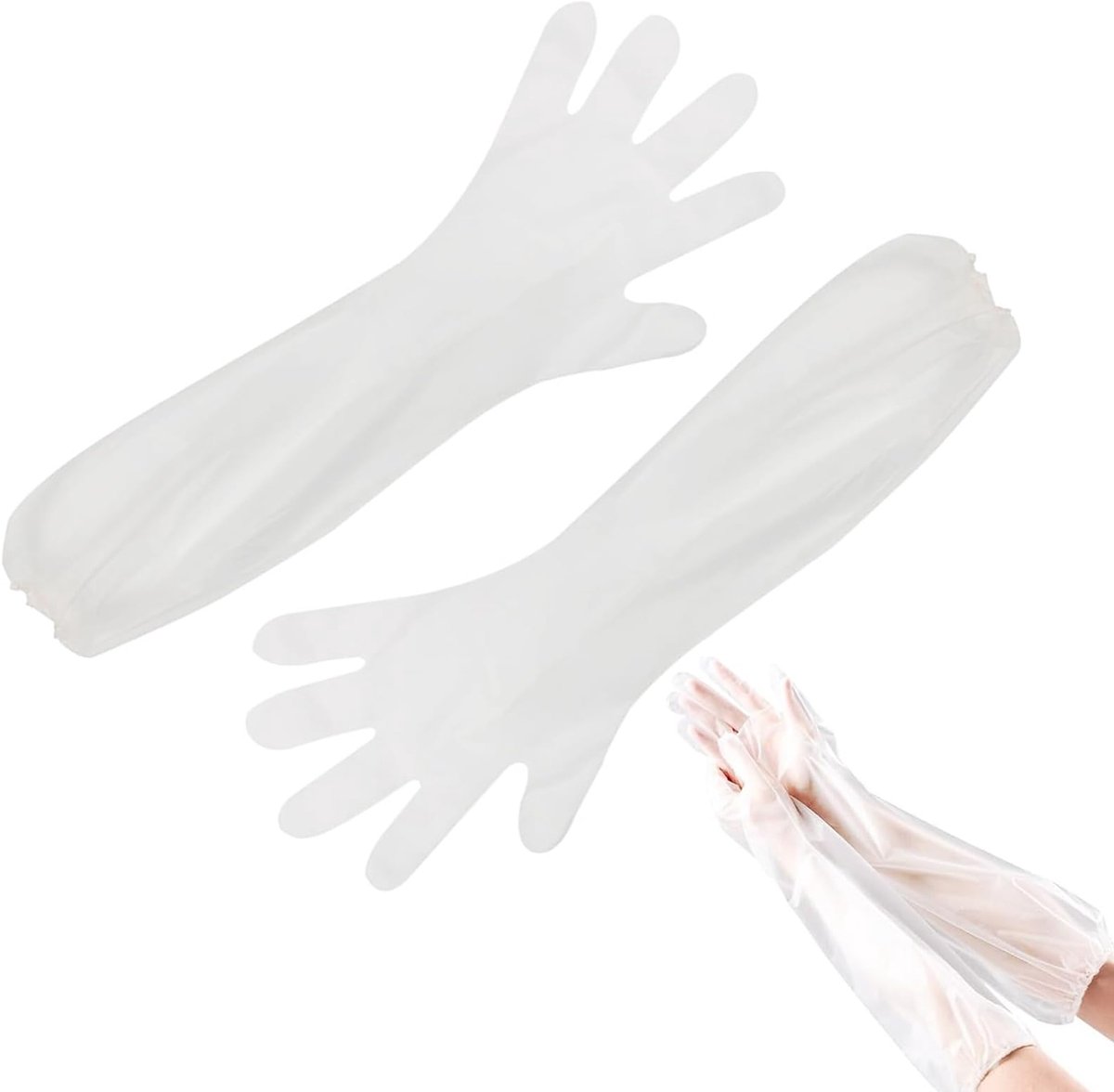 Lange mouwen, extra lang, zachte kunststof wegwerphandschoenen met lange schacht, transparante beschermende handschoenen voor reiniging, keuken, huishouden