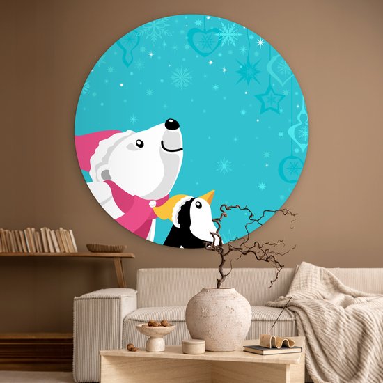 Illustration d'un pingouin et d'un ours polaire sur fond bleu Assiette en plastique cercle mural - ⌀ 150 cm - peinture ronde - impression photo sur cercle mural plastique (forex) / cercle vivant / (décoration murale)
