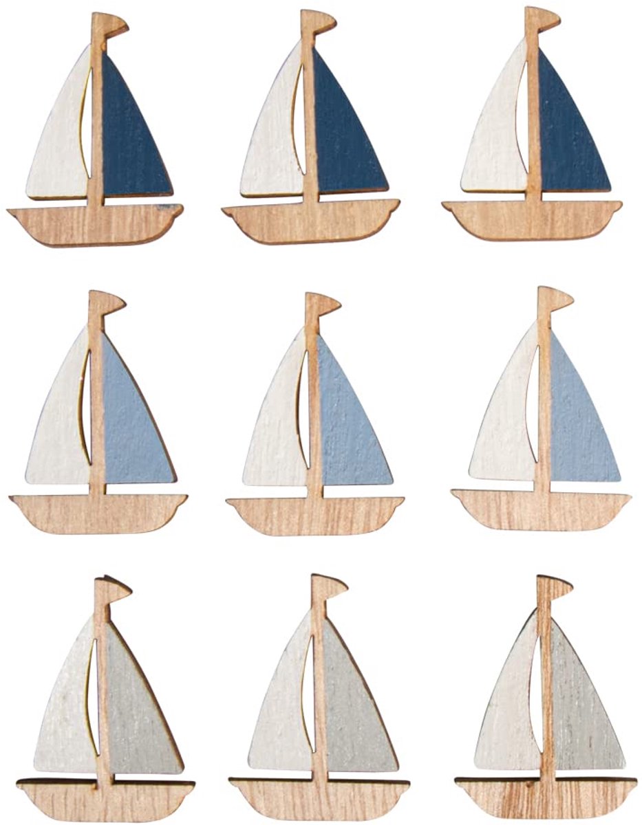 Houten strooisel schip, 9 stuks, met kleefpunt, 3 x 4 cm, gesorteerd 3 kleuren, houten strooier tafeldecoratie, strooidecoratie, maritiem, kleurrijk