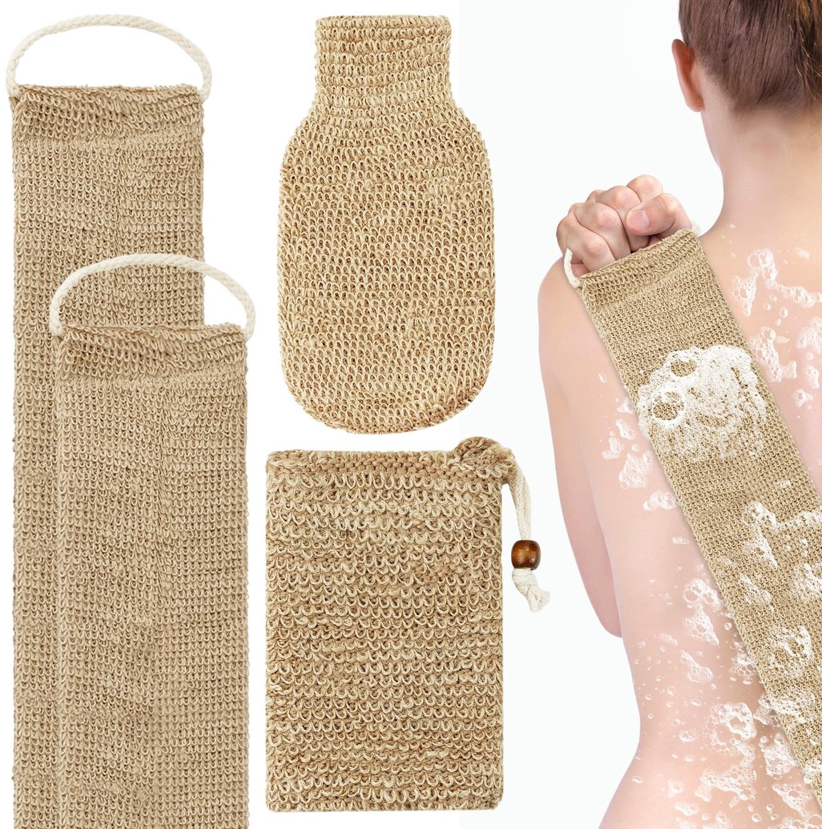 Dailygoods- Exfoliërende Handschoen Kit - Jute Paardenhaarhandschoen - Natuurlijke Hennep Rugtape - Jute Zeepzakje - Badaccessoires - Verbeterde Bloedcirculatie - Scrubhandschoen