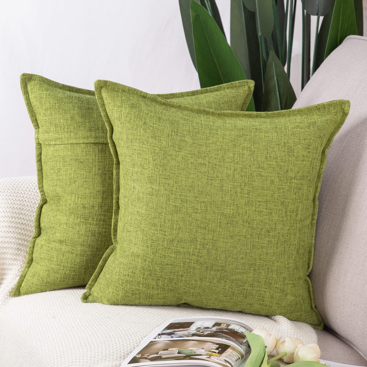 Set van 2 Imitatielinnen kussenslopen Zachte Decoratieve Kussenhoes voor Sofa Slaapkamer Kussensloop 60x60 cm Licht Groen
