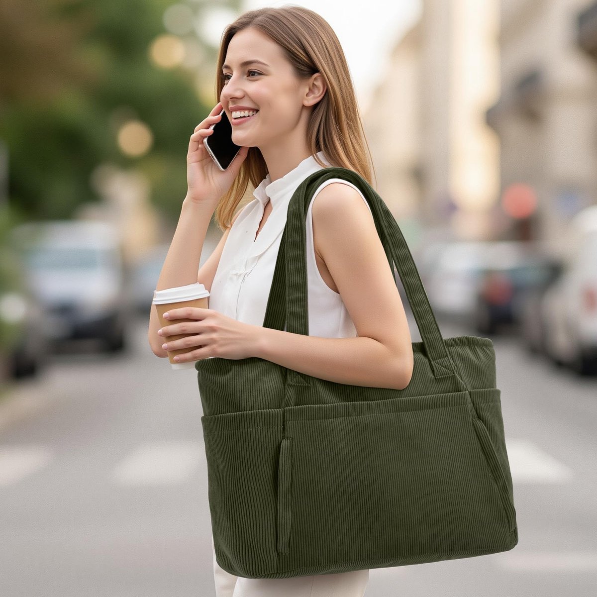 oscaurt Cord Shopper tas dames handtas grote tote bag werktas met 15,6 inch laptopvak schoudertas strandtas Essential Bag voor universiteit, werk, reizen, gym
