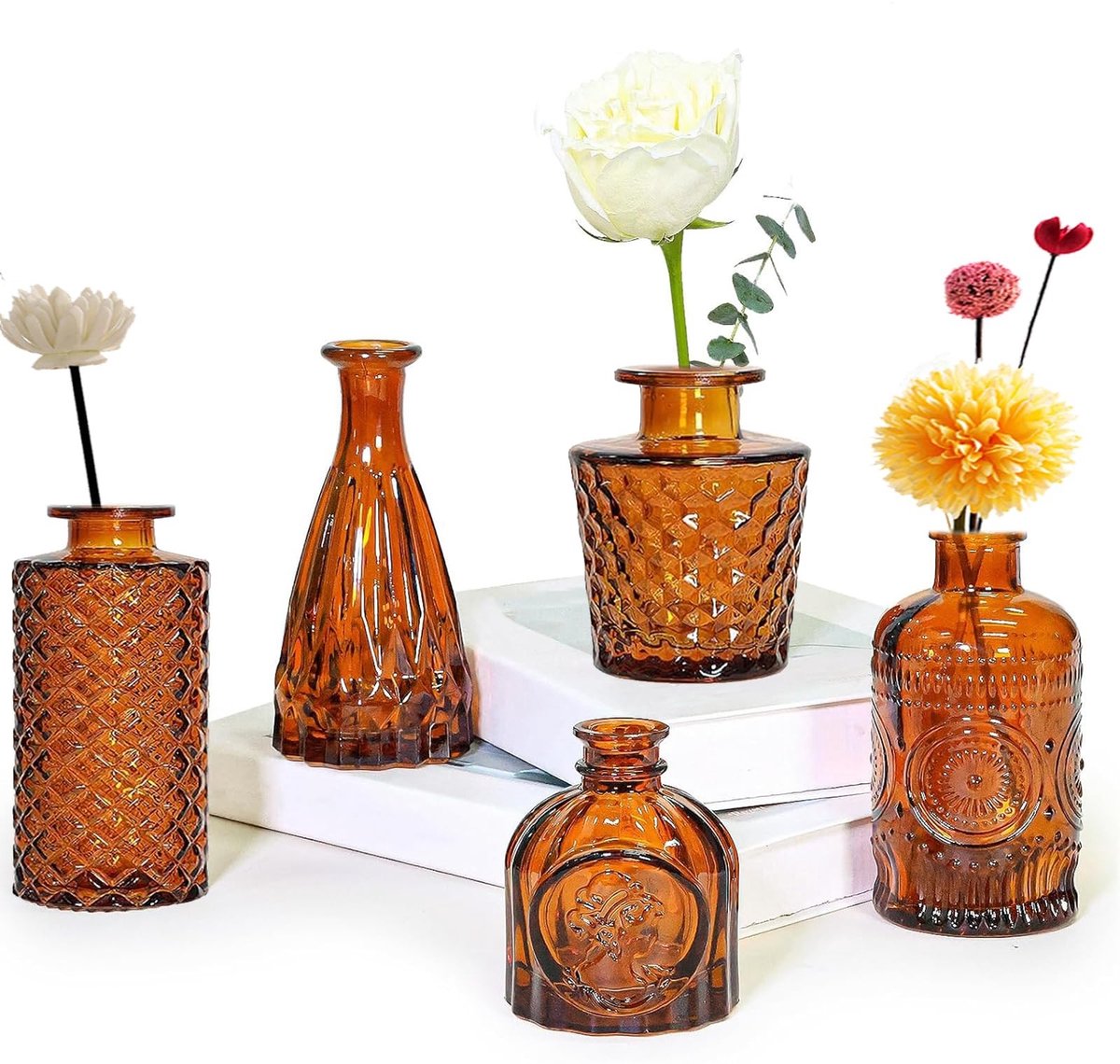 Dailygoods - 5 kleine glazen vazen voor bloemen, decoratieve vaas voor binnen, tafelvaas zonder bloemen, glazen vaas voor wooncultuur en decoratie voor de woonkamer