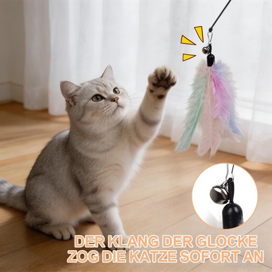 10 stuks kattenspeelgoed, reservekoppen voor katten, interactief kattenspeelgoed met klokken en natuurlijke veren, veerspeelgoed, intelligentiespeelgoed voor katten, perfect voor kitten (10 — afbeelding 4