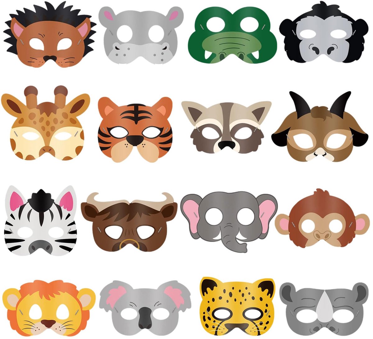 Dierenmasker voor kinderen, 16-delig, jungle-dierenmasker, maskers voor kinderen met elastisch touw, maskers voor verjaardag, feest, Halloween, carnaval, cosplay