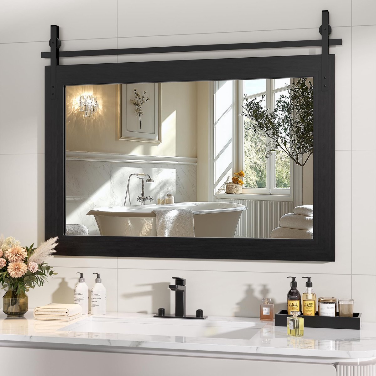 Boerderij badkamer spiegel, 40 "x 26" rustieke houten ingelijste wandspiegel, zwarte vintage kapspiegel schuur deur stijl decratieve spiegels