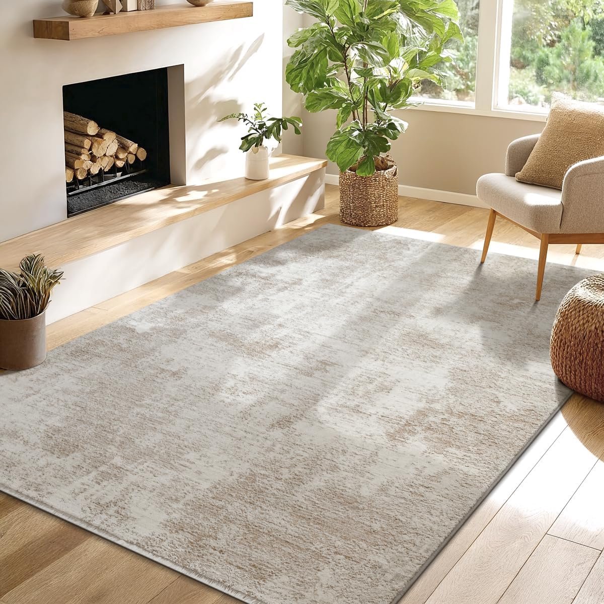 Vloerkleed, beige, tapijt, woonkamer, wasbaar, ultrazacht laagpolig tapijt met antislip onderkant, abstract design voor woonkamer, slaapkamer en eetkamer, 140 x 200 cm