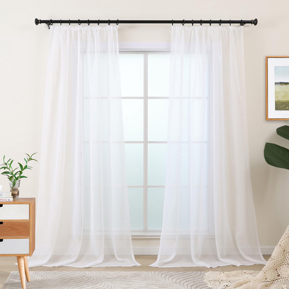 Gordijn wit voor woonkamer kort, wit met plooiband voor railsysteem, transparante gordijnen voor slaapkamer en ramen, set van 2 linnenlook, modern 175 cm