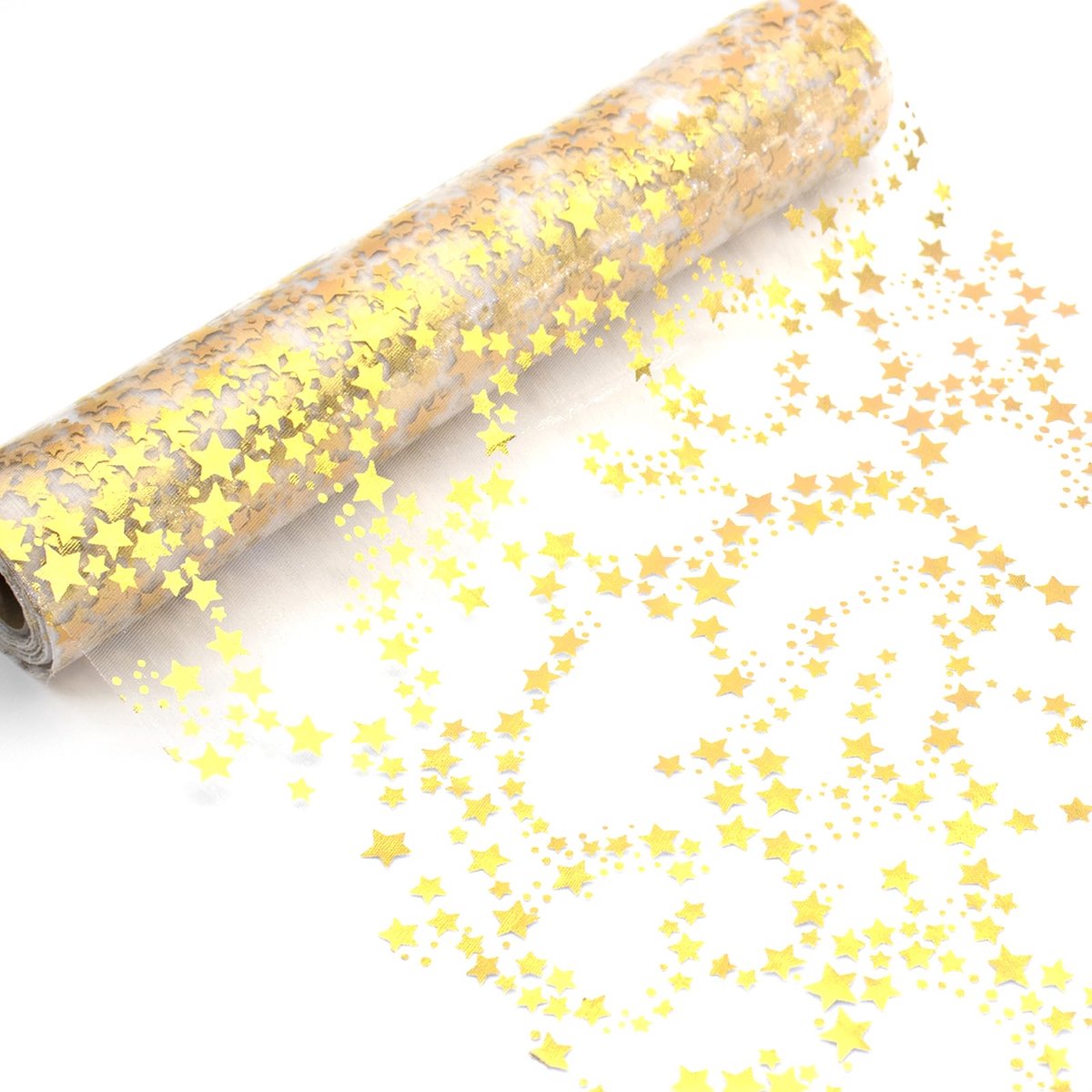 Tafelloper met gouden sterren, transparant tafelkleed. Elegante tafeldecoraties voor Kerstmis en speciale gelegenheden