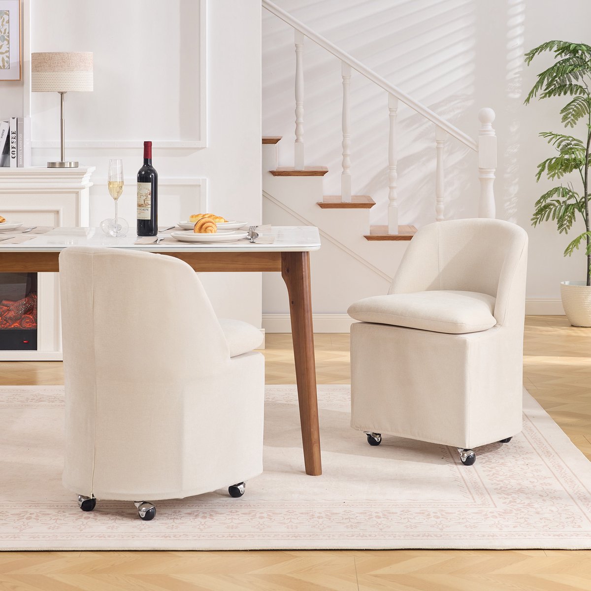 HAUSS SPOLE Eetkamerstoel - Chenille Design - Set Van 2 - Met 360 Graden Wielen En Afneembare Hoes - Voor Eetkamer En Woonkamer - Beige