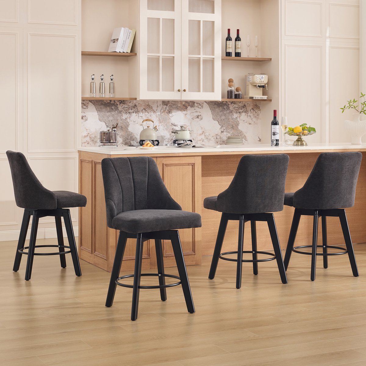 HAUSS SPOLE Barkruk - Set Van 2 - 360 Graden Draaibaar Met Rugleuning En Voetsteun - Voor Keukeneiland En Bar - Chenille Grijs