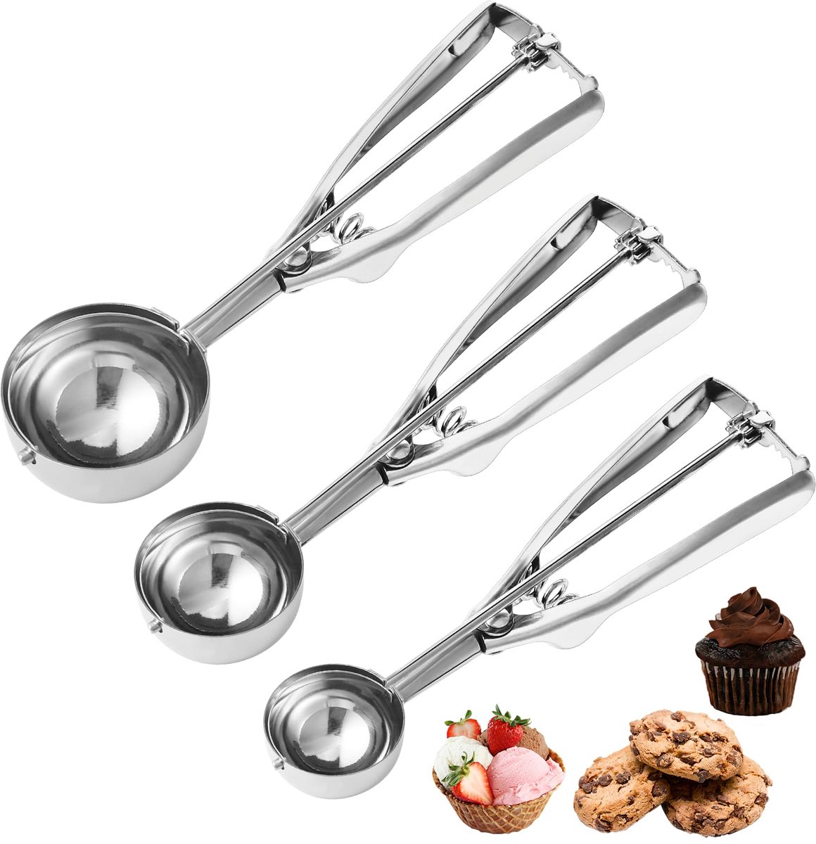 set van 3 koekjesdeeglepels voor het bakken van 1 eetlepel, 2 eetlepels, 3 eetlepels, roestvrijstalen ijsschepje met triggerrelease voor cupcake, ijs, muffin, gehaktbal, meloenbal