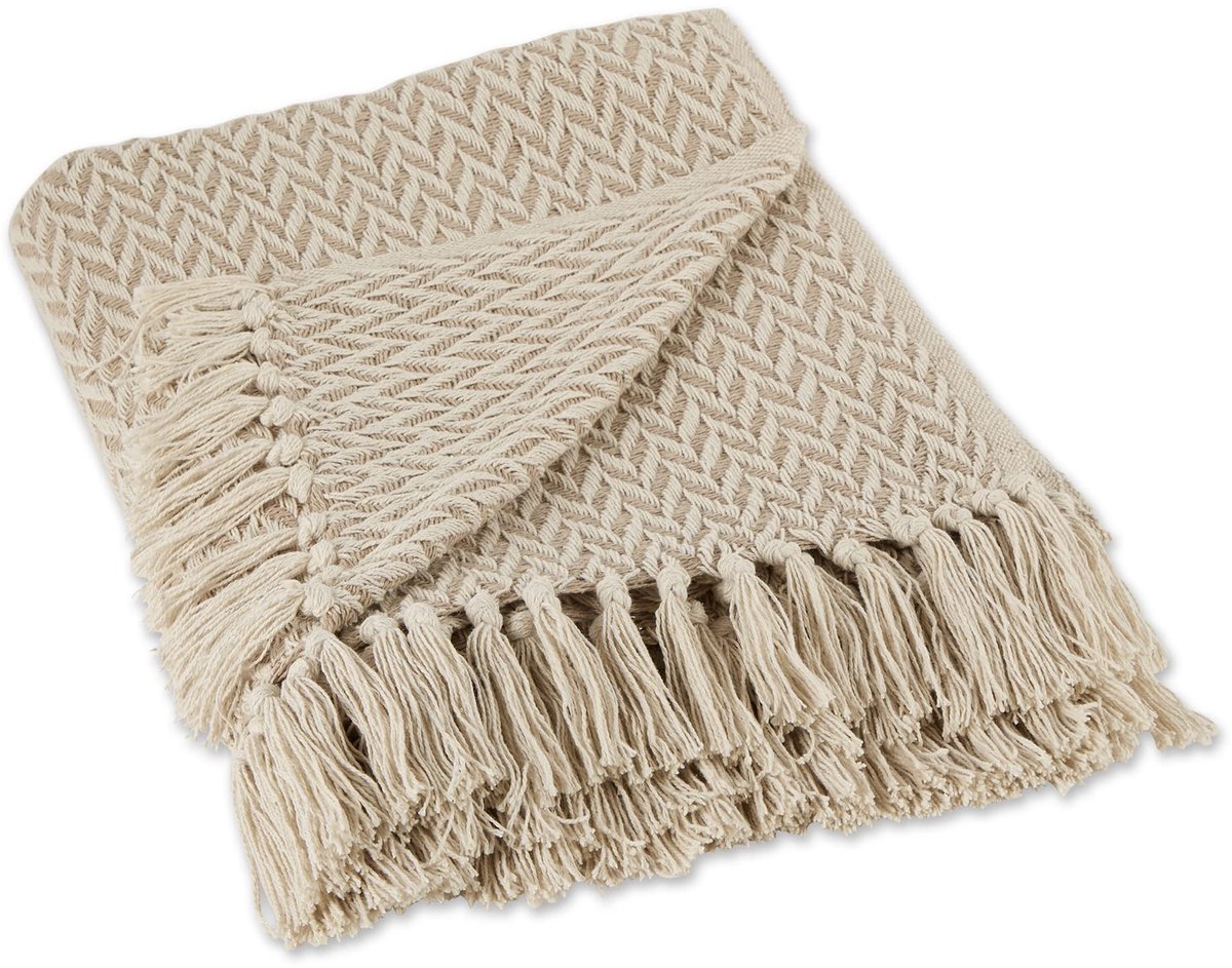 Moderne Zig Zag Gooi Deken Geweven Katoen, Handgeknoopt 2.5" Franje, 50x60, Stone