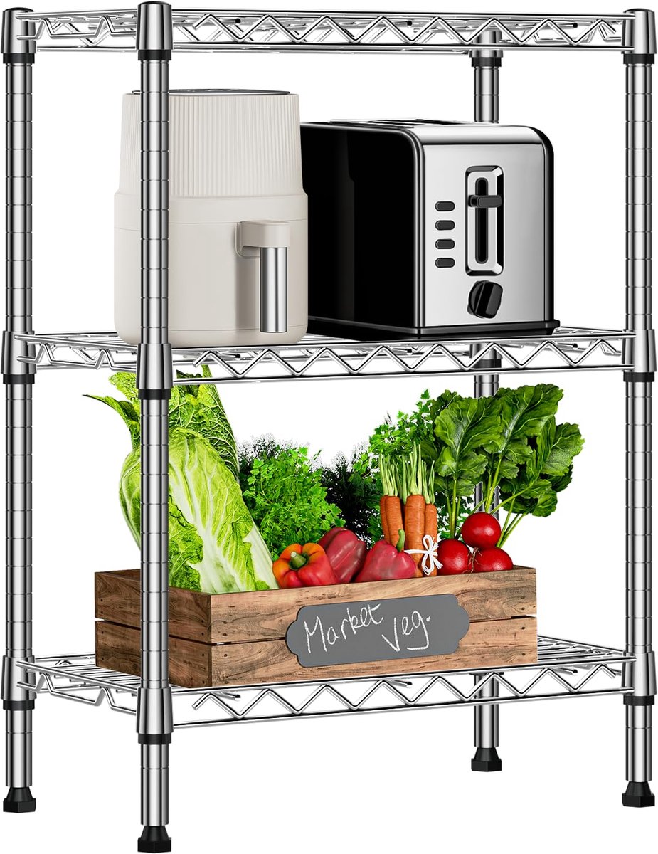 Opbergrek met Verstelbare Planken, 3-Laags Stellingkast voor Keuken, Badkamer, Wasruimte en Thuisopslag, Vrijstaand Draadrek, 30×55×72,6 cm, Draagvermogen tot 340,5 kg, Chroom
