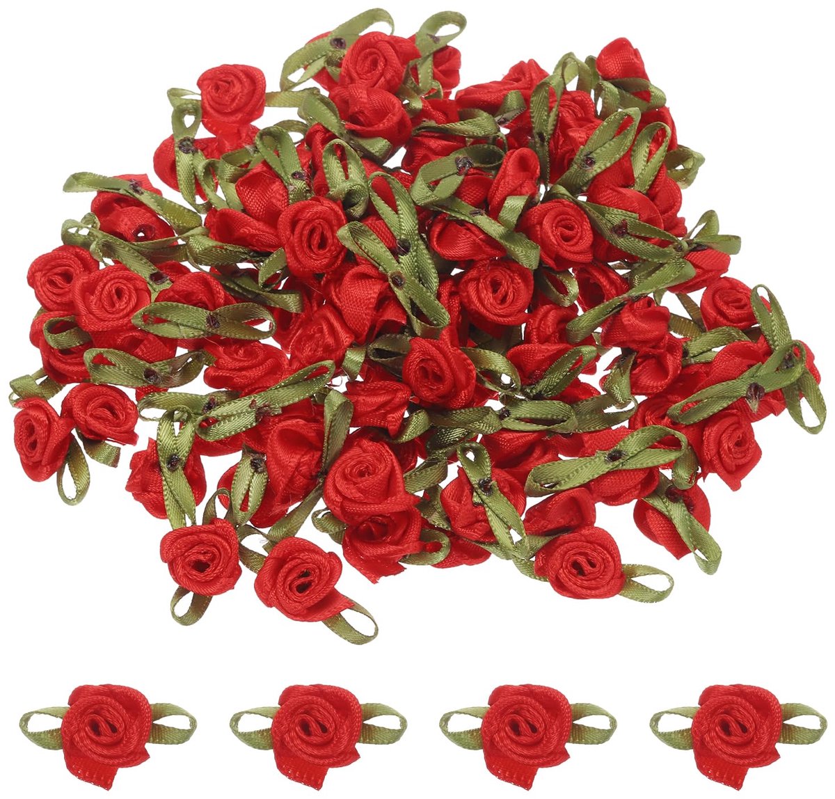 100 stuks rode rozen van lint 5/8 inch x 1-3/16 mini rozen om te knutselen, kleine rozen van satijn kunstbloemen