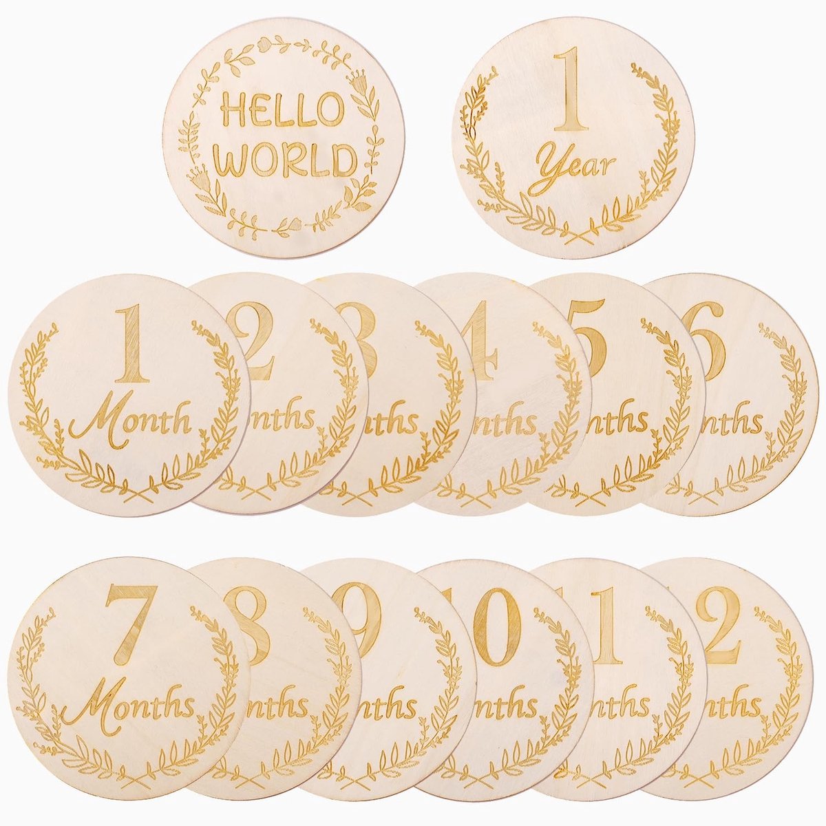 Dailygoods- Babymaandkaarten 14 Stuks - Houten Schijf 1-12 Maanden - Aankondigingsborden - Verjaardagsfeestdecoratie - 9,9x9,9cm - Premium Buxus - Maandkaarten