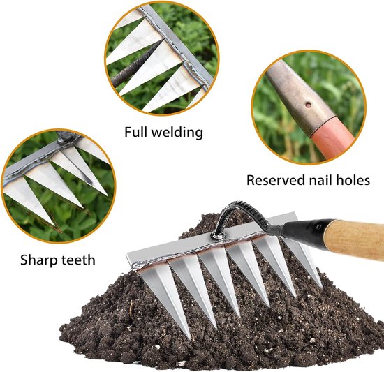 Tuinhark Zwaar Uitgevoerd, Traditionele Ijzeren Tuinhark Tuingereedschap Metalen Koolstofstalen Hark voor Wieden/Losmaken/Zaaien 6 Getande Staal (Zonder Steel) — afbeelding 2