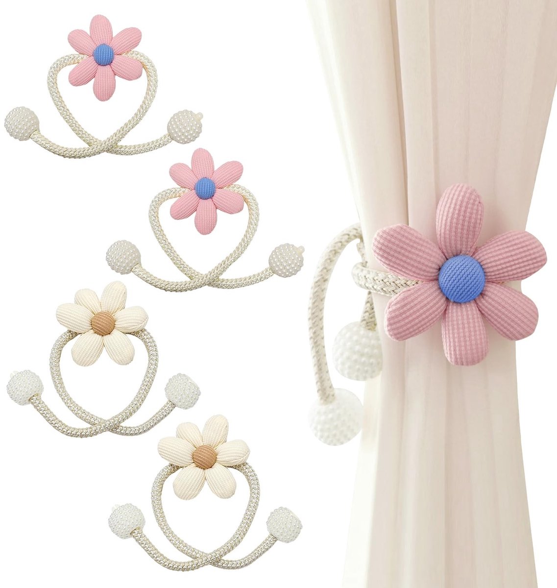 Dailygoods- Gordijnriemen Bloemvorm - Raamdecoratie - Touwriemen - Polyesterzijde - Lichtroze/Beige - Set van 4 Stukken