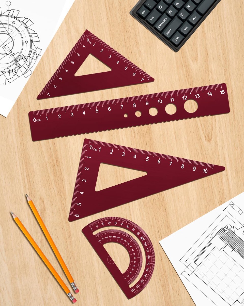 4-delig Metalen Liniaal Set 15cm Klein Liniaal Hoekmeter Driehoek Meetkunde Geometrie Set Schaal Liniaal Set voor Studenten, Leraren, Ingenieurs en Tekenaars (Roze)