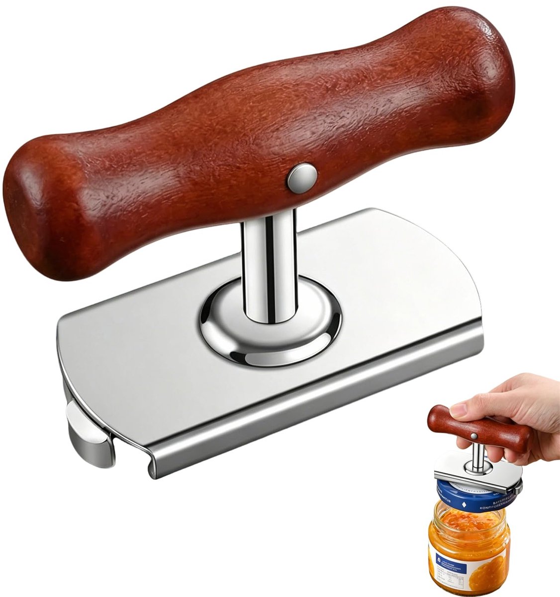blikopener voor glazen potten, verstelbare dekselopener met ergonomisch houten handvat, eenvoudig te gebruiken voor thuis en picknick