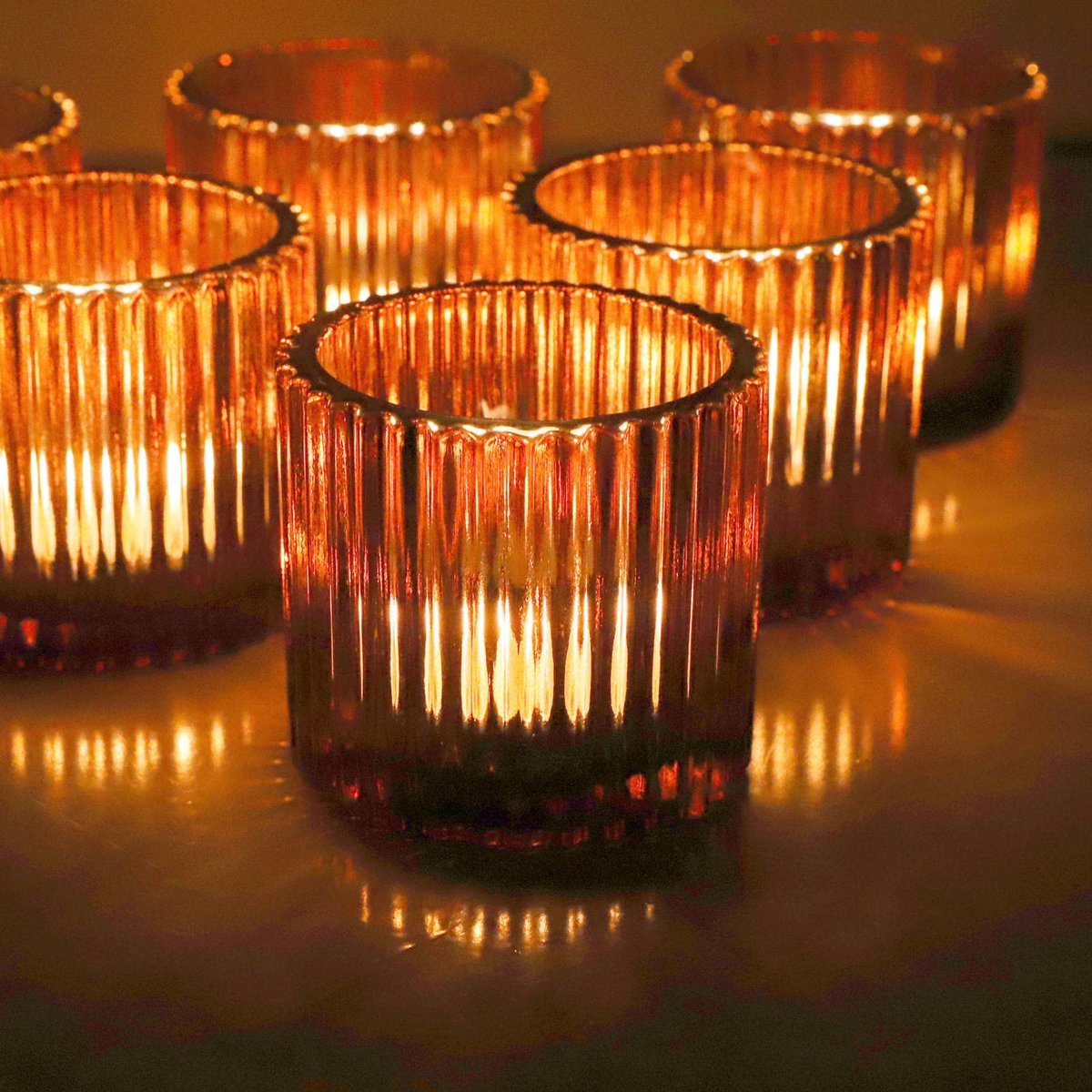 Votive Candle Holders Set van 6 - Amber Glass Tealight Houder voor Bruiloft Decoratie, Tafelstuk, Verjaardagsfeest