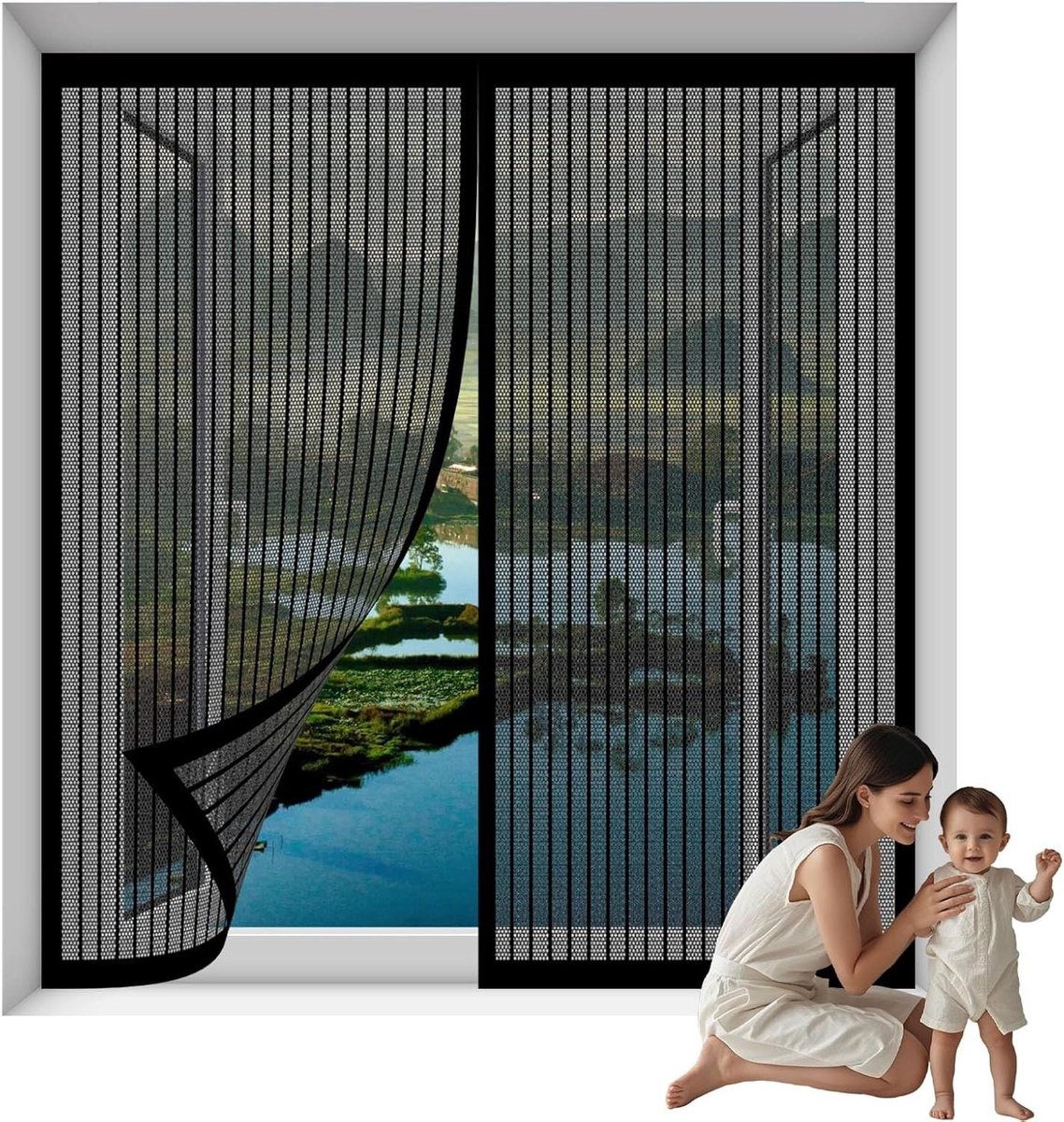 Raamhor met Magneten - Insectenhor Raam - Insecten Buiten Houden - Verbeterde Magic Tape - 74 x 60 cm - Zwart