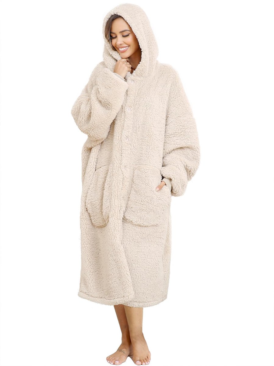 SnelShoppen - Pluche Hoodiedeken voor Dames en Heren - Superwarme Draagbare Deken met Capuchon - Grote Knusse Losse Pluche Jas - Beige - Maat L voor T