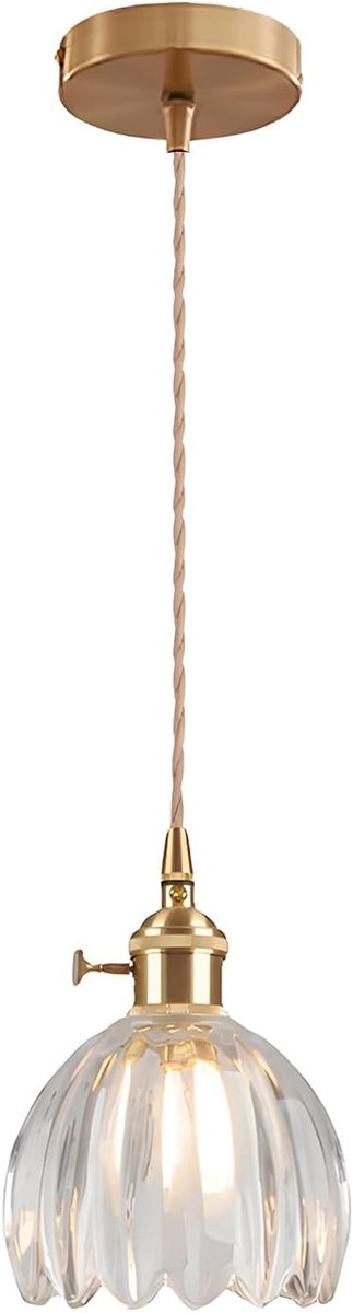 SnelShoppen - ESKED Vintage Glazen Pendel Lamp met E27 Fitting en Draaiknop, Bloemvormige Plafondlamp voor Keuken, Eetkamer, Slaapkamer (Transparant,