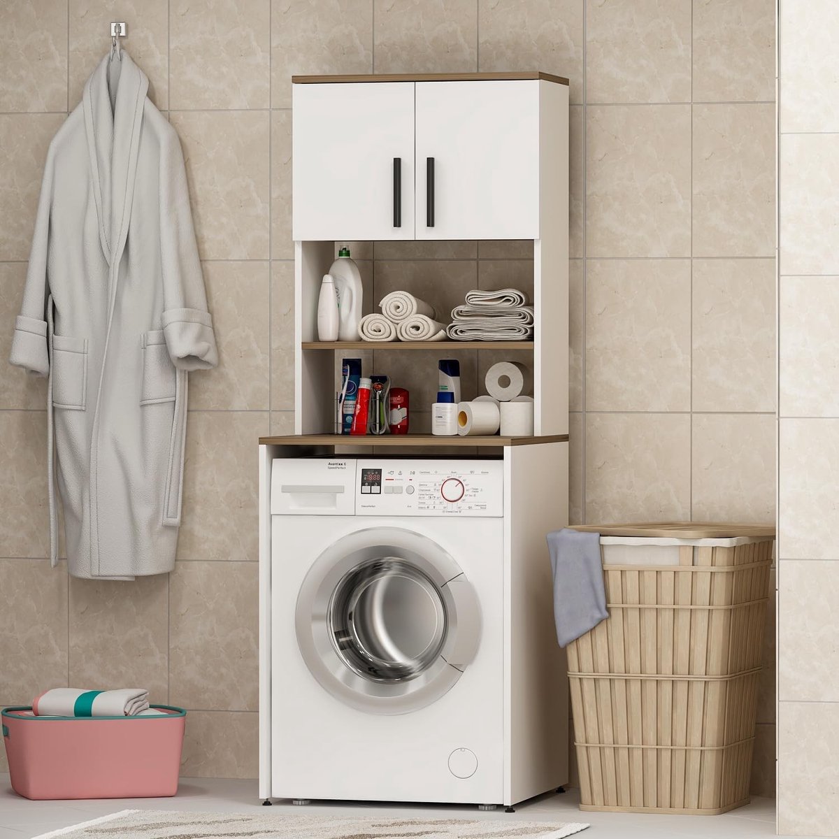 Wasmachinekast voor badkamer en keuken, hoge opbergunit voor wasmachine en droger, 182 x 65 x 60 cm (Wit/Eiken)